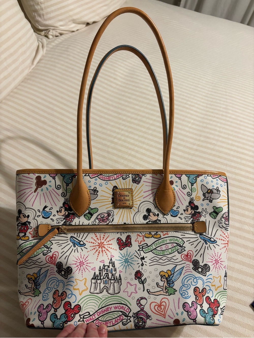 Dooney & Bourke White Multi Disney Sketch Tote with Tan Leather Trim